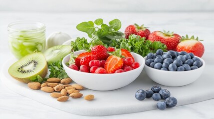 vibrant flat-lay of colorful fresh fruits, vegetables, nuts, and seeds arranged beautifully on a white marble background, symbolizing healthy eating