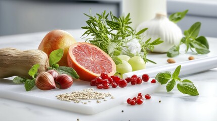 vibrant flat-lay of colorful fresh fruits, vegetables, nuts, and seeds arranged beautifully on a white marble background, symbolizing healthy eating