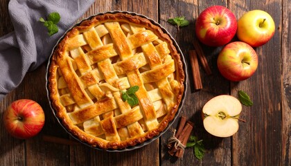 Delicious homemade apple pie with lattice crust and fresh apples.