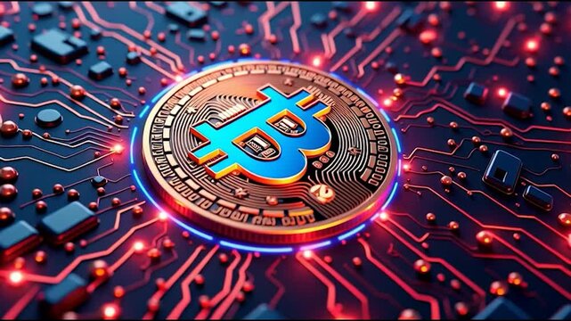 Bitcoin cryptocurrency blockchain digital coin fintech cyber security technology network circuit glowing neon orange blue futuristic finance investment virtual decentralized token encryption macro
