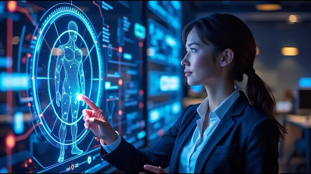 Futuristic interface hologram digital screen businesswoman touch gesture data visualization neon light cyber technology innovation confident expert analyzes holographic anatomy data medical hologram - Powered by Adobe