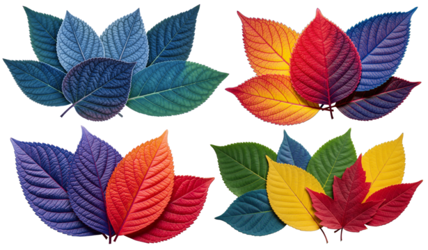 Collection of autumn leaves art in colorful shades on isolated background.