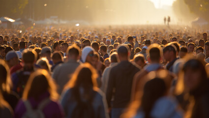 Large crowd of people walking in golden hour sunlight