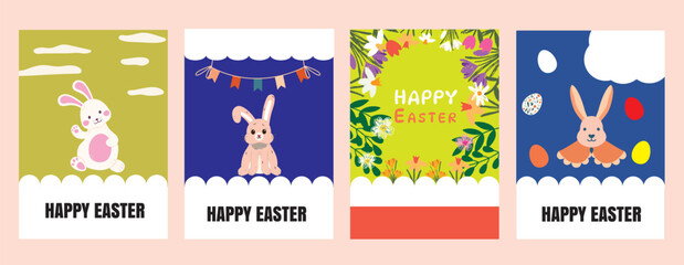 Playful Easter Vector Set with Cute Bunny, Eggs, and Floral Elements — Flat Greeting Card and Poster Design Collection