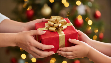 Christmas gift exchange between adult and child hands, red box with golden ribbon in front of decorated tree with glowing lights.