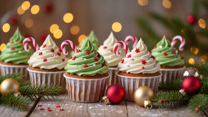 Christmas cupcakes with green and white frosting, decorated with stars and candy canes, surrounded by fir branches and festive ornaments.