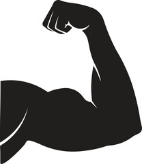 Flexed muscular arm silhouette. Strong bicep symbol of power, strength, and fitness. Bold black vector icon isolated on white background.
