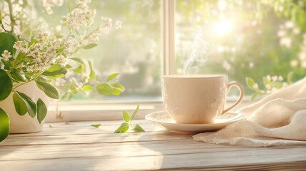 Hot tea cup kept near window and monsoon feel