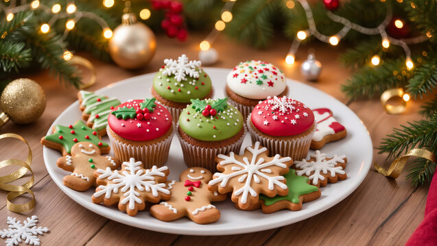 Christmas cupcakes with red, green and white icing, served with holiday cookies shaped like snowflakes, trees and gingerbread men. - Powered by Adobe