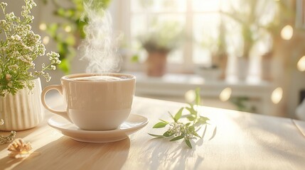 Hot tea cup kept near window and monsoon feel