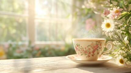 Hot tea cup kept near window and monsoon feel
