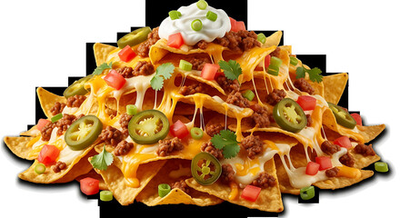 Large pile of loaded nachos isolated on transparent background