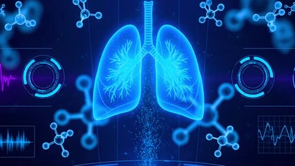Stunning futuristic visualization of human respiratory organs, featuring glowing blue holographic lungs, molecular structures, and real-time medical data displayed on an advanced HUD interface. - Powered by Adobe