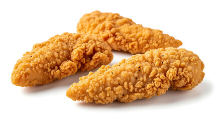 Three crispy fried chicken tenders isolated on transparent background