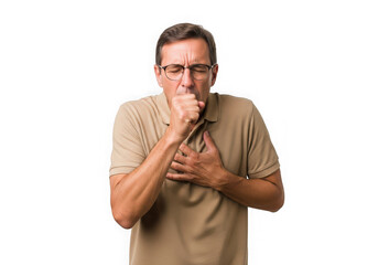 Middleaged man glasses coughing holding his chest, isolated on transparent background