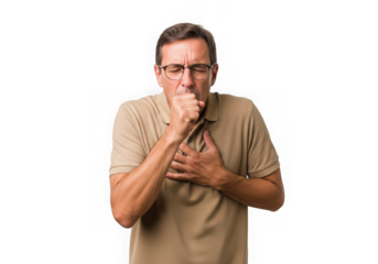 Middleaged man glasses coughing holding his chest, isolated on transparent background