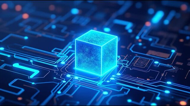 Digital Cube: The image showcases a glowing digital cube embedded within a complex circuit board, symbolizing the core of cutting-edge technology.