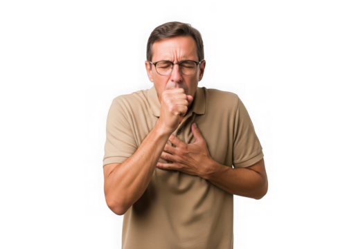 Middleaged man glasses coughing holding his chest, isolated on transparent background