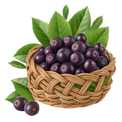 Realistic Acai Berries in Woven Basket with Green Leaves, Isolated on Transparent Background