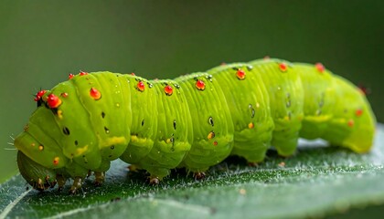Vibrant Green Caterpillar with Red Spots on a Leaf.