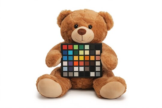 Brown teddy bear holding a color checker chart for photography color grading