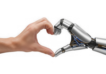 Human hand robotic hand forming a heart shape, isolated on transparent background