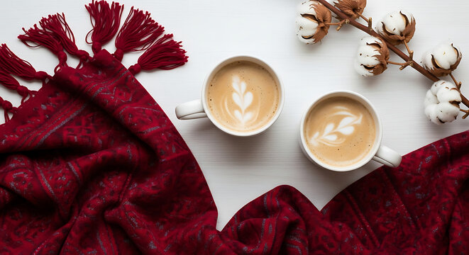 Cozy overhead view of two cups of coffee with latte art, a soft red scarf, and cotton branches on a white wooden table
