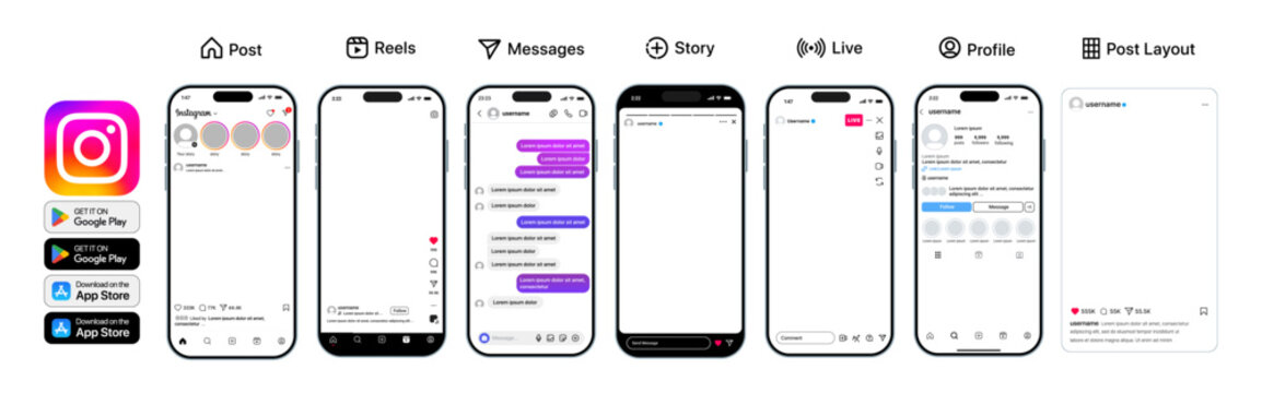 Instagram post, reels, story, DM, live stream, and profile UI layout with download button, transparent background, icons, reactions, comments, and interactive feed design vector illustration