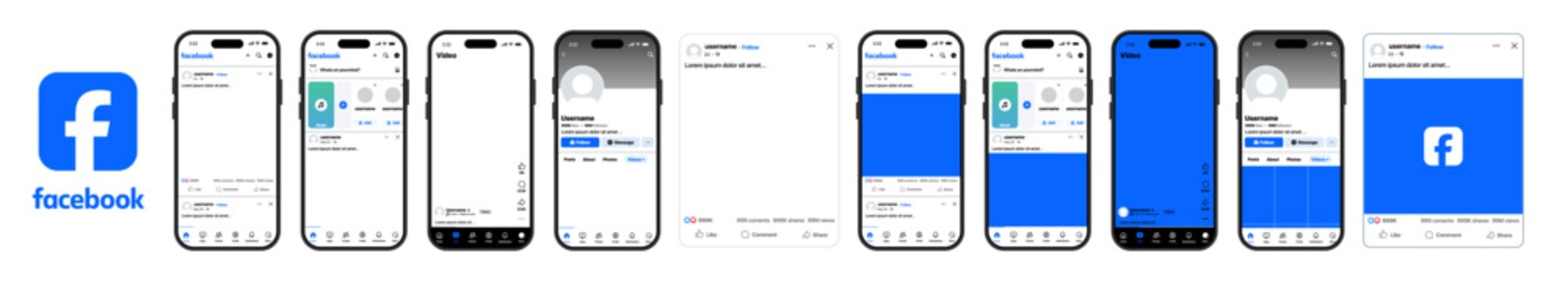 Facebook post UI layout with transparent background showing profile, caption, image, like, comment, share, story bar, notifications, and modern social media feed vector illustration