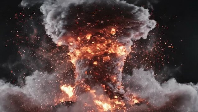 dynamic fiery smoke explosion with glowing particles against dark background, powerful abstract volcanic eruption or inferno effect loop for vfx and destruction concepts