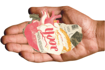 Heart wrapped fragile handle with care, artistic vintage collage mixing monochrome photography with packaging textures and red typography