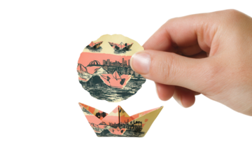 Child playing with paper boats puddle, nostalgic photography of childhood moment