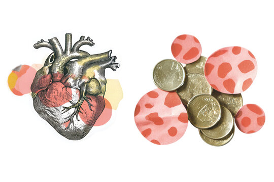 Heart under maintenance collage, humorous vintage composition mixing analog photo textures and red paper shapes