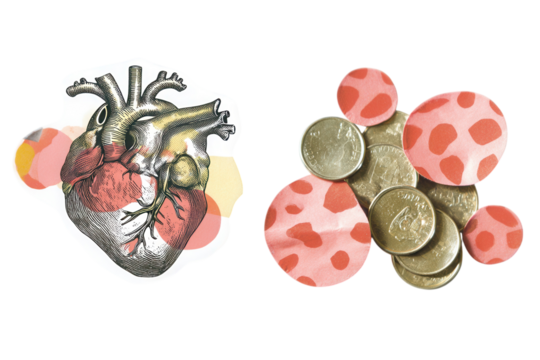 Heart under maintenance collage, humorous vintage composition mixing analog photo textures and red paper shapes