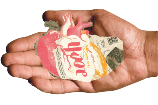 Heart wrapped fragile handle with care, artistic vintage collage mixing monochrome photography with packaging textures and red typography