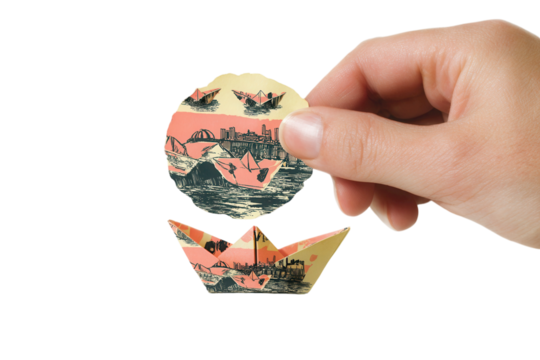 Child playing with paper boats puddle, nostalgic photography of childhood moment