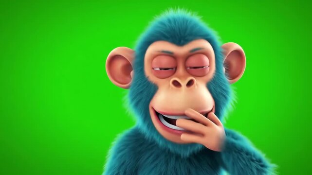 Animated blue monkey covering mouth, smiling on a green screen, great for comedy or advertising