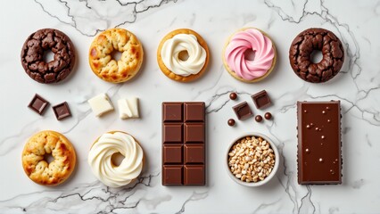 collection donuts arranged white marble surface nine donuts total arranged grid like pattern side chocolate donut bite taken out right side two chocolate bars one swirl white frosting pink frosting
