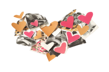 Vinyl record with floating hearts, retro collage aesthetic mixing monochrome photography and color paper cut shapes