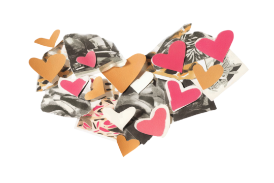 Vinyl record with floating hearts, retro collage aesthetic mixing monochrome photography and color paper cut shapes