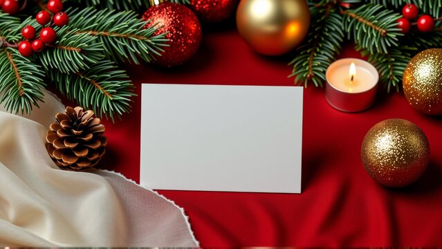 flat lay christmas decorations red background several red gold baubles pinecone white candle right side side branch spruce tree red berries center two gold christmas balls blank white card overall