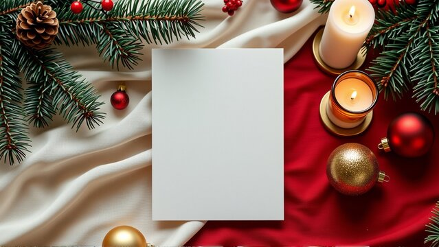 flat lay christmas themed background white blank card center card placed red cloth pine branch side right side two white candles orange flames burning brightly also red gold christmas baubles