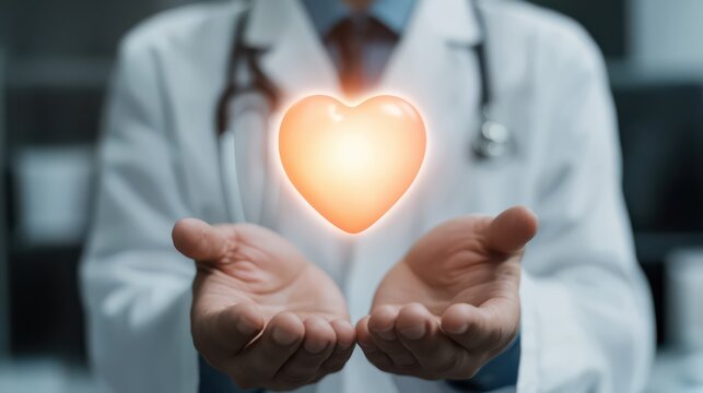 A doctor holds a glowing heart symbol between open hands, symbolizing care, compassion, and health in a medical context.