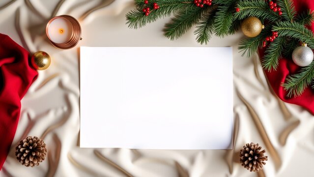 flat lay white sheet paper beige satin background paper blank placed center surrounding paper various christmas themed decorations including pine cones red berries gold ornaments side paper small