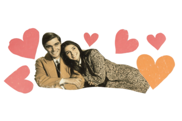 vintage turntable with hearts, retro collage mixing monochrome photography and red paper shapes