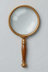 Classic magnifying glass featuring a wooden handle and gold frame, presented in a transparent PNG format against a transparent background.