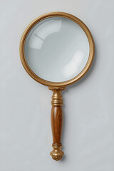 Classic magnifying glass featuring a wooden handle and gold frame, presented in a transparent PNG format against a transparent background.