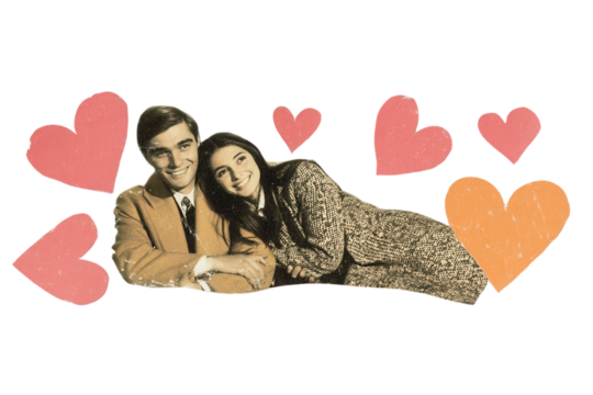 vintage turntable with hearts, retro collage mixing monochrome photography and red paper shapes