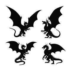 Fototapeta premium Vector illustration of four black silhouette dragon illustrations on a white background, presenting different mythical creature designs and stances