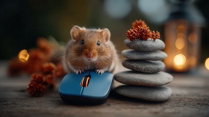 Adorable hamster perches on a blue computer mouse, symbolizing technology and nature's delicate balance with stacked zen stones and warm bokeh lights